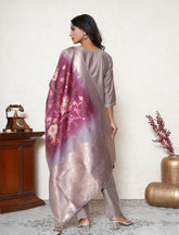 Cinerous Taupe Embroidered Suit Set with Printed Floral organza Dupatta